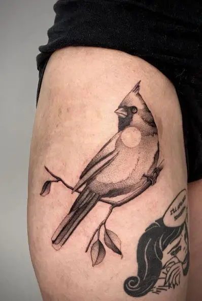 Black and Grey Cardinal on Branch Thigh Tattoo