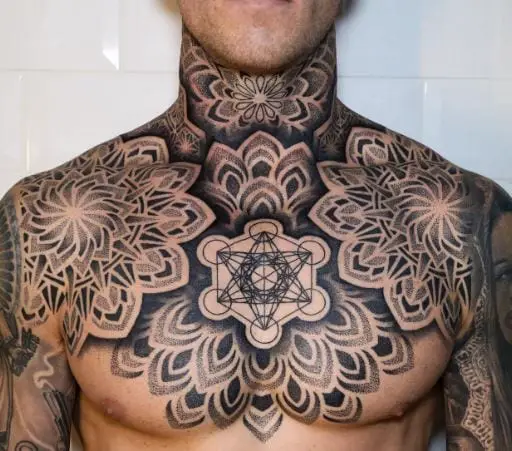 Black and Grey Mandala Full Neck Tattoo