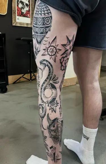 Traditional Patchwork Leg Tattoo