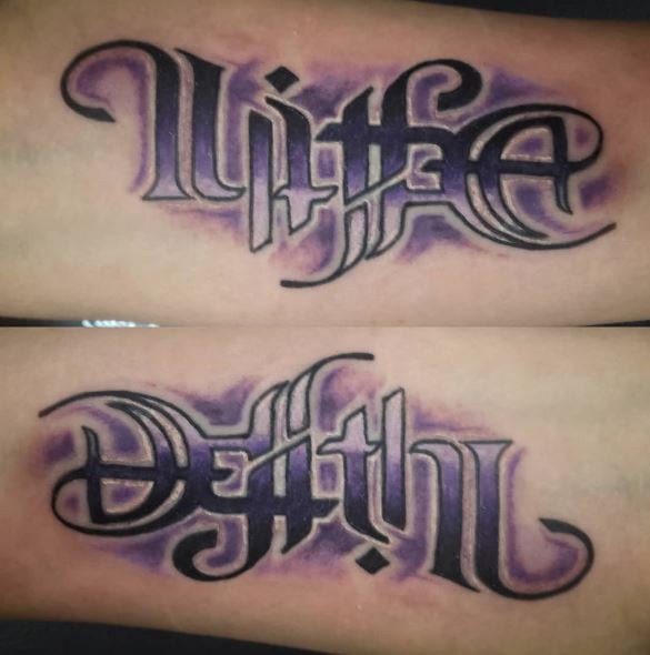 Purple Life and Death Ambigram Forearm Tattoo