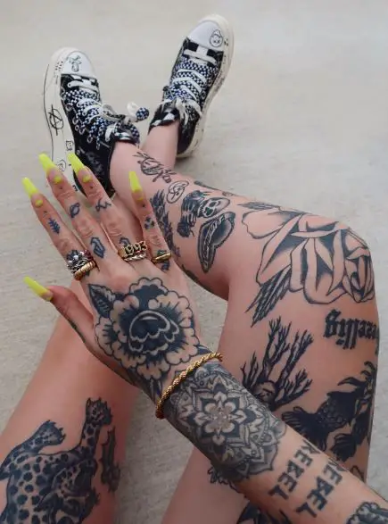 Traditional Patchwork Hand and Leg Tattoo