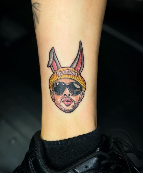 Colorful Bad Bunny with Bunny Hat Leg Tattoo