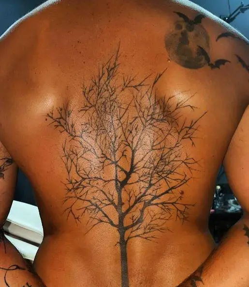 Moon, Bats and Black Tree Back Tattoo