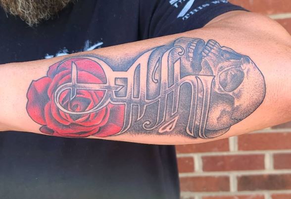 Red Rose, Skull and Life and Death Ambigram Forearm Tattoo