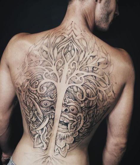 Barong, Rangda and Tree of Life Back Tattoo