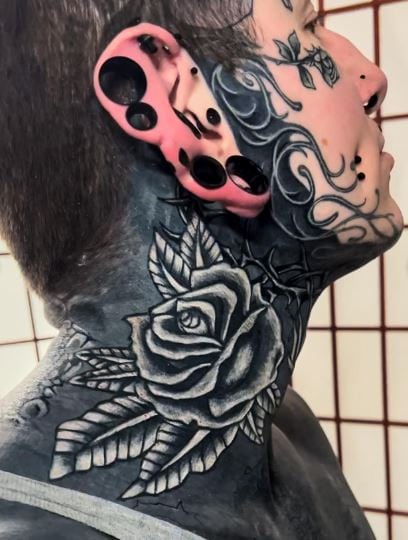 Black and White Rose with Thorns Full Neck Tattoo