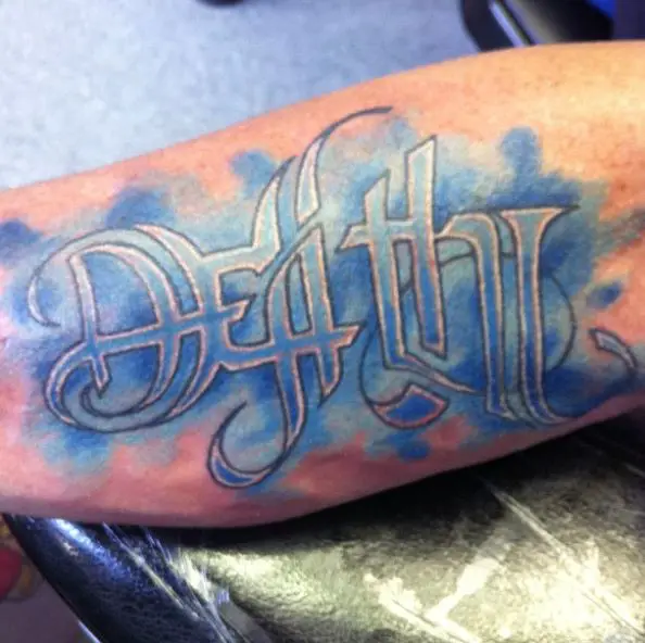 Blue Life and Death Ambigram Forearm Tattoo