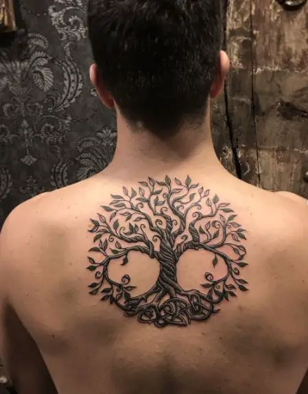 Black and Grey Tree of Life Back Tattoo