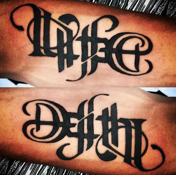 Black Life and Death Ambigram Forearm Tattoo