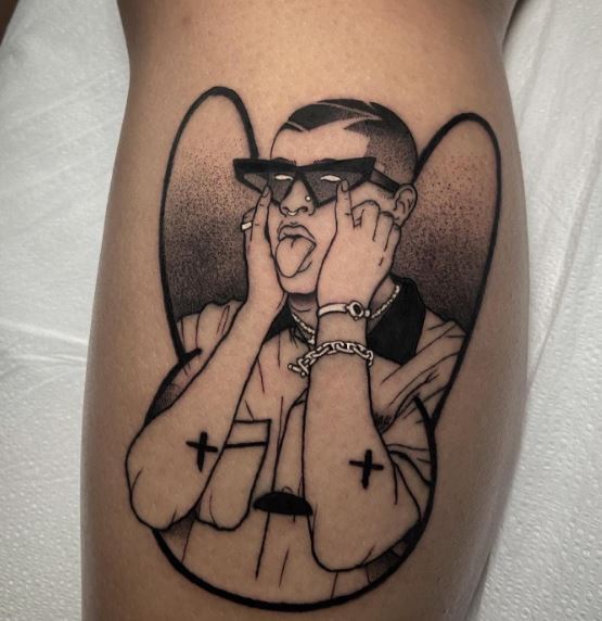 Black and Grey Bad Bunny with Tongue Out Calf Tattoo