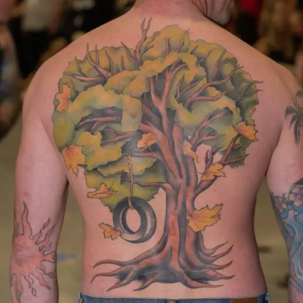 Colorful Tree with Tyre Swing Full Back Tattoo