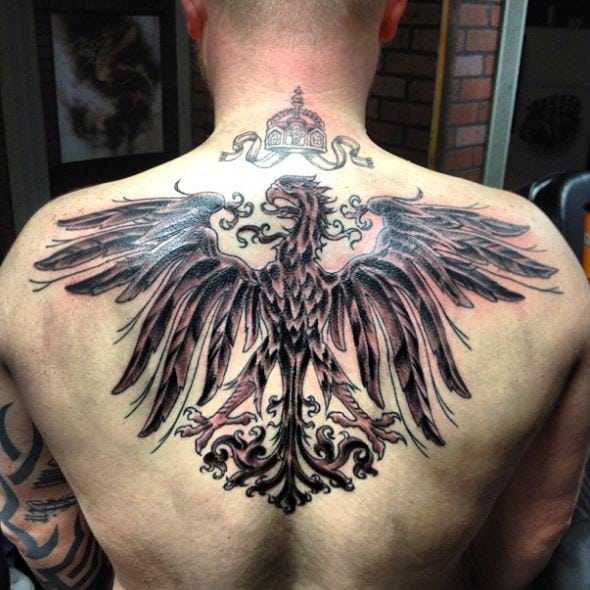 Colored Crown and Detailed German Eagle Back Tattoo
