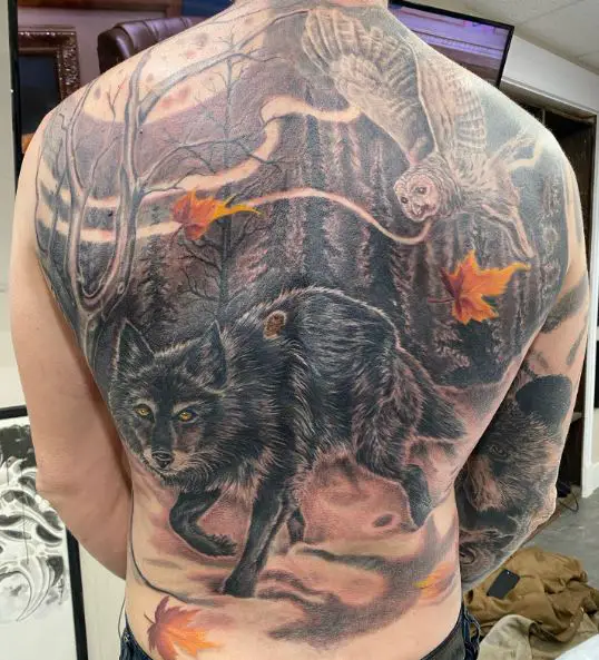 Dark Forest, Owl and Black Wolf Full Back Tattoo