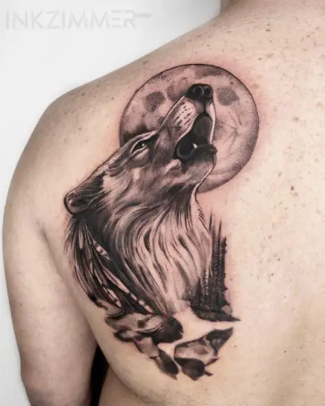 Full Moon and Howling Wolf Back Tattoo