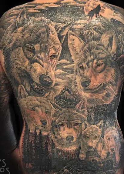 Forest Landscape and Pack of Wolves Full Back Tattoo