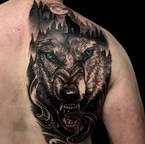 Night Landscape and Realistic Wolf Back Tattoo