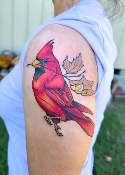 Colorful Cardinal with Leaves Arm Tattoo
