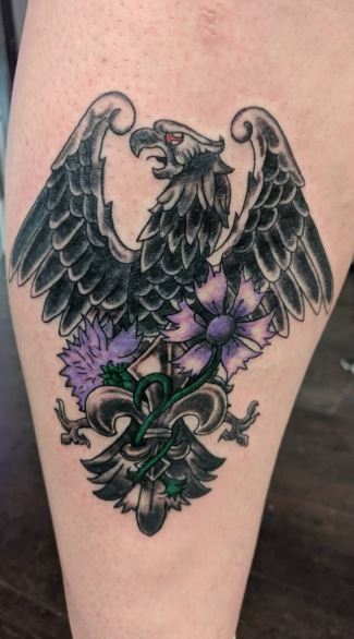 Violet Flowers and Black German Eagle Leg Tattoo
