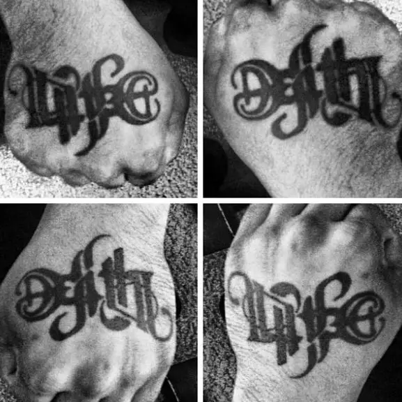 Black Life and Death Ambigram Hand Tattoo