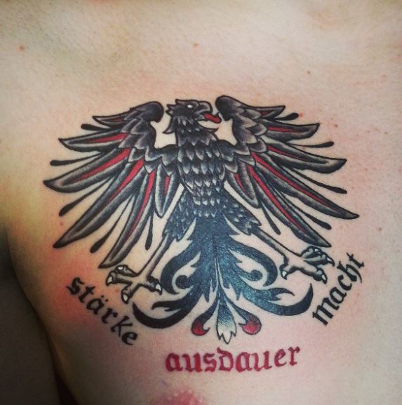 Black and Red German Eagle with Lettering Chest Tattoo
