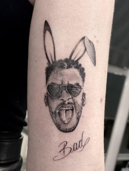 Bad Bunny with Bunny Ears Biceps Tattoo