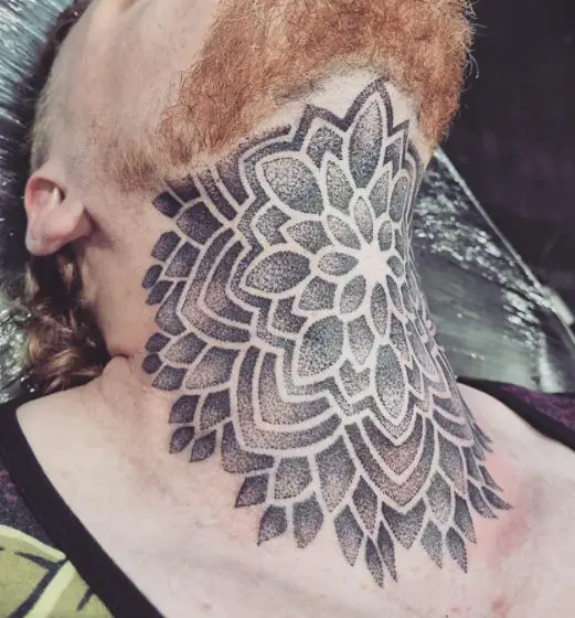 Grey Mandala Anterior Neck Tattoo