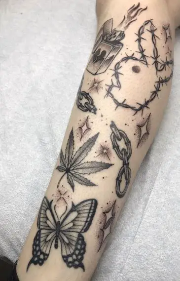 Traditional Patchwork Leg Tattoo