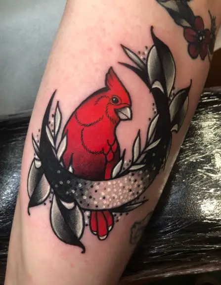 Colorful Cardinal with Half Moon and Leaves Arm Tattoo