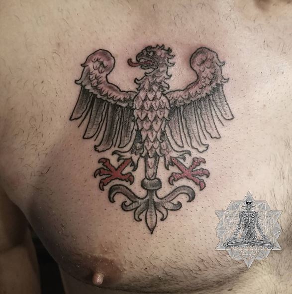 Grey and Red German Eagle Chest Tattoo