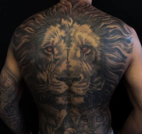 Colored Lion with Cubs Full Back Tattoo