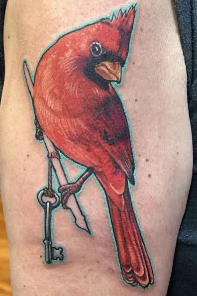 Key and Colorful Cardinal Arm Tattoo