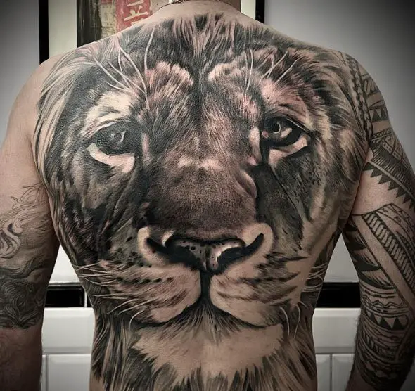 Black and Grey Lion Full Back Tattoo