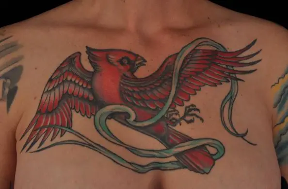 Colorful Cardinal Chest Tattoo