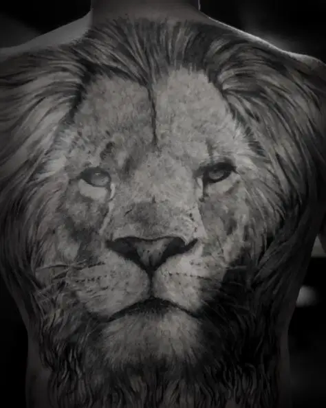 Black and Grey Lion Full Back Tattoo
