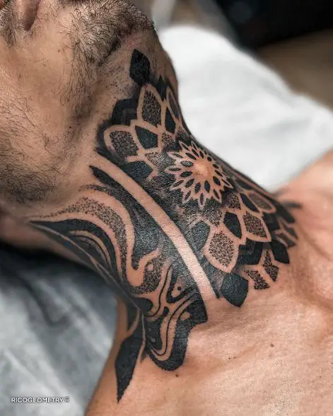 Geometrical Ornament Anterior Neck Tattoo