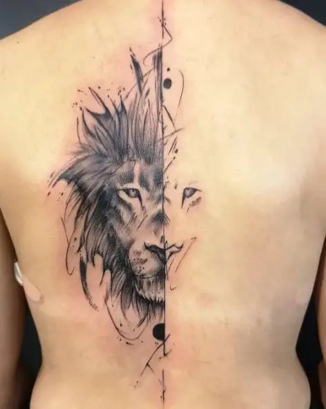 Half Realistic, Half Sketched Lion Head Back Tattoo