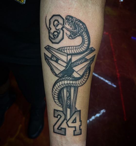 8, 24 and Black Mamba with Kobe Bryant Logo Forearm Tattoo