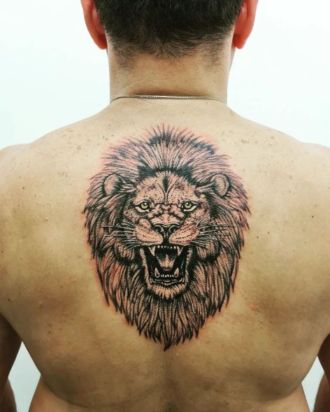 Black and Grey Lion Head Back Tattoo