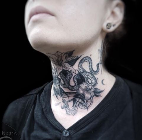 Snake and Flowers Anterior Neck Tattoo