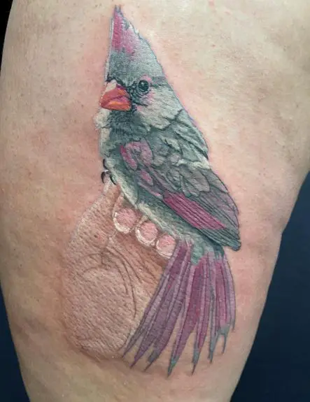 Human Hand and Realistic Colorful Cardinal Tattoo