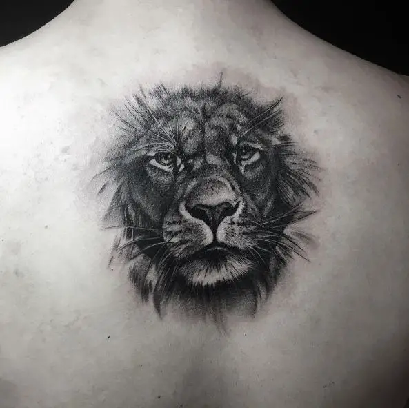 Black Shaded Lion Head Back Tattoo