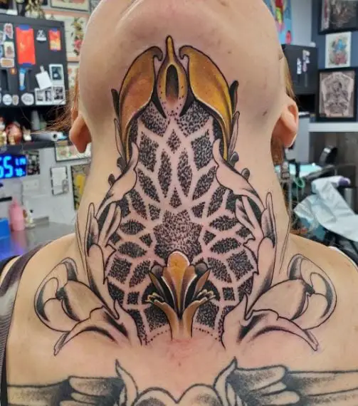 Golden Floral Mandala Anterior Neck Tattoo