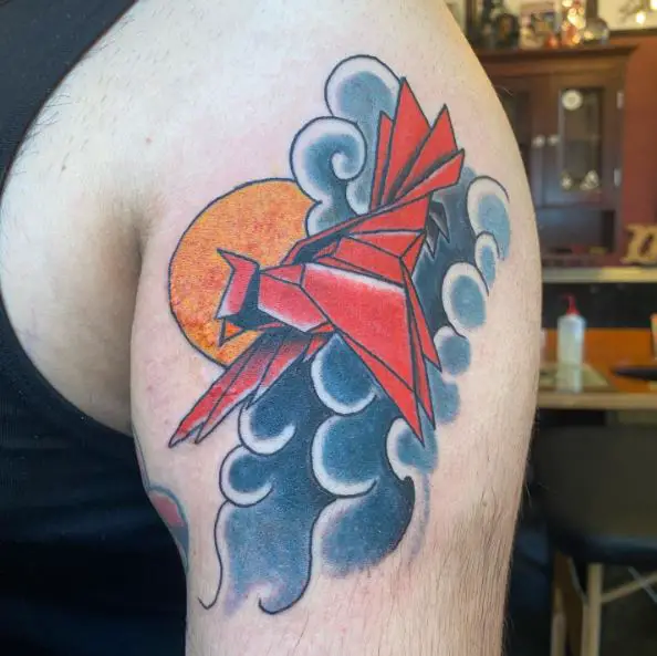Colorful Origami Cardinal Shoulder Tattoo