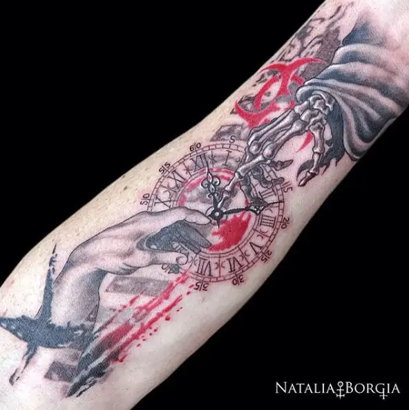 Skeletal Hand and Human Hand with Clock Forearm Tattoo