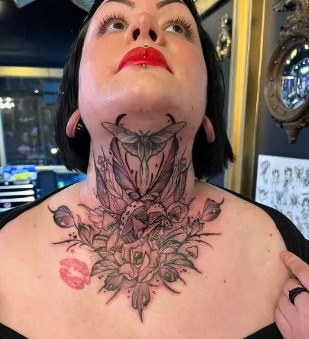 Moth and Flowers Anterior Neck Tattoo