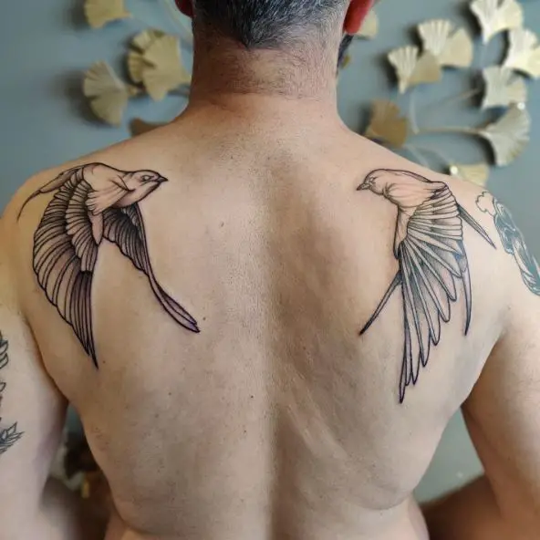 Couple of Flying Swallows Back Tattoo