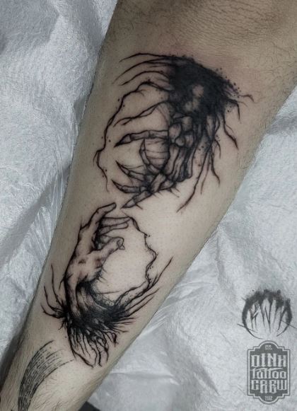 Hairy Skeletal Hand and Human Hand Forearm Tattoo