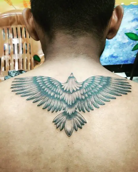 Black and Grey Flying Eagle Back Tattoo