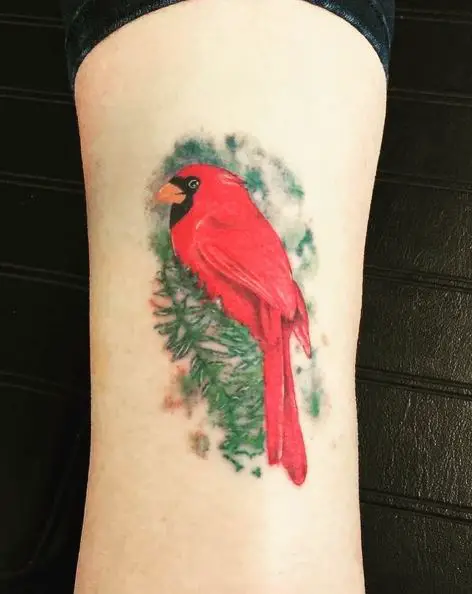 Green Branch and Red Cardinal Tattoo