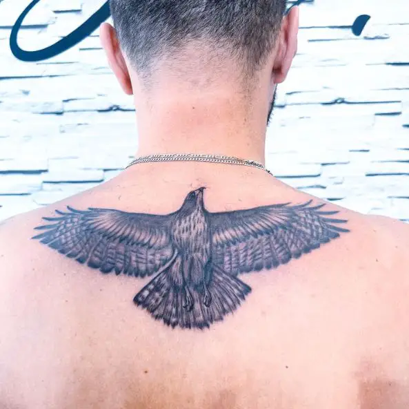 Black and Grey Flying Eagle Back Tattoo
